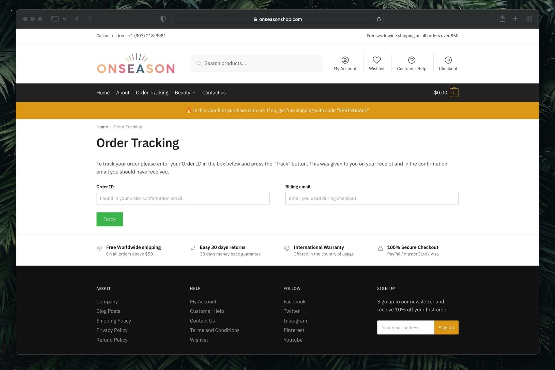 On Season Shop Order Tracking Page